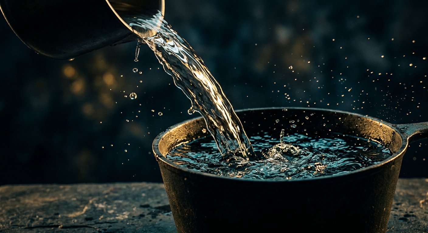 Clear water pouring into a dark vessel, lit in gold